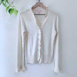Lilly Pulitzer Ruffle Pearl Button Cardigan Sweater Small Silk Wool Blend Cream